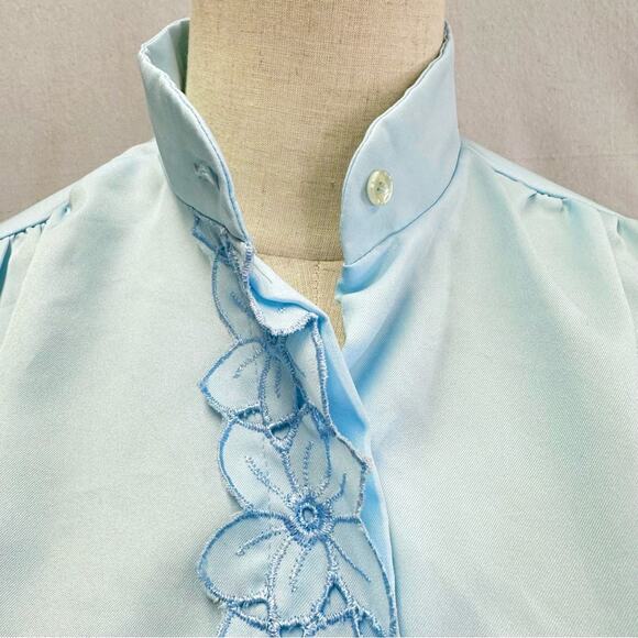Vintage Light Blue Ruffle Blouse High Collar Puff Sleeve Romantic Retro size 12 - Picture 12 of 13